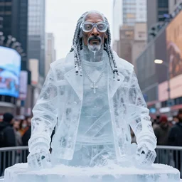 realistic ice sculpture of snoop dog in times square, photorealistic, 8 k resolution, high detail