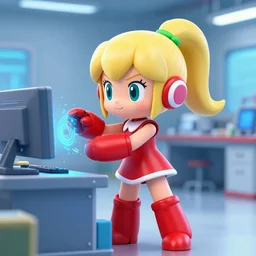 3 d cg rendering of : roll ( from mega man ) is repairing computers in dr. light's laboratory. roll is a cute female ball - jointed robot who has blonde hair with bangs and a ponytail tied with a green ribbon. she is wearing a red one - piece dress with a white collar, and red boots.