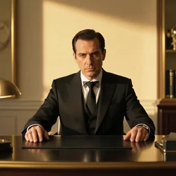 mafia boss behind his desk, golden hour, elegant, high quality, striking, high contrast, very detailed, bright colours, smooth, fluid, coherent, high quality, dramatic lighting, by brom and magali villeneuve and mucha
