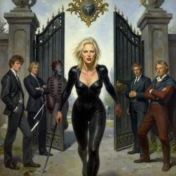 a portrait of a fierce looking charlize theron entering the gates of helle, painting by greg rutkowski and noah bradley and ash thorp and moebius and jean giraud and giger and beksinski