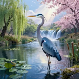 a majestic blue heron in shallow river, waterfalls in distance, willow trees, cherry blosom trees, lily pads, bullrushes, marsh, clouds, godrays, intricate, luminescent matte painting, highly detailed, artstation