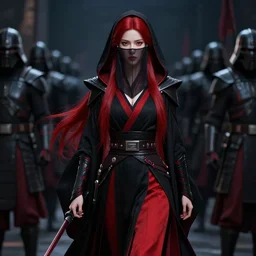 small, thin, delicate, feminine, beautiful female sith warrior, determined, powerful, with smooth porcelain skin, long flowing red hair, wearing black and red imperial sith military robes, translucent face veil and hood, in military battle leading soldiers, full body portrait, centered composition, unreal engine render, 8 k, hypermaximalist, extremely detailed, cinematic, nighttime, dark lighting