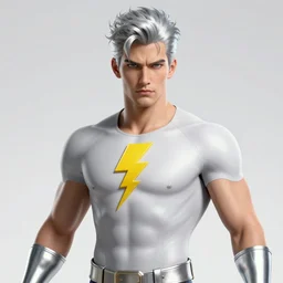 action shot of a comic book superhero silver hair lightning emblem on his chest, silver armbands and shin guards, flying, lightning, epic, highly detailed, well composed in the style of john byrne