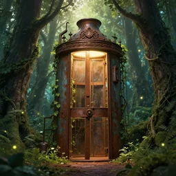 rusted elevator to heaven in the middle of a fairy forest, whimsical, cinematic scene, backlit, ornate accents, overgrown vines and trees, hyperrealistic, hypermaximalist, light pouring in through trees, detailed, fireflies, atmospheric, 8 k, octane render, unreal engine 5, designed by gucci, inspired by hayao miyazaki, photographed by arivetere