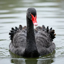 an ape headed black swan, swimming in the lake. portrait photography, high definition, 4 k, 8 k, popular on national geographic, highly detailed feathers.