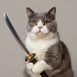 an anthropomorphic british shorthair cat holding a beautiful katana, diffuse lighting, fantasy, intricate, elegant, highly detailed, lifelike, photorealistic, digital painting, artstation, illustration, concept art, smooth, sharp focus, naturalism, trending on byron's - muse, by greg rutkowski and greg staples and alphonse mucha