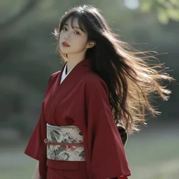 ethereal beautiful woman with long flowing hair in a dark red kimono