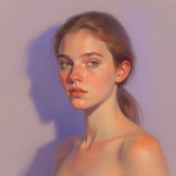 dafne keen by sylvain sarrailh, trending on artstation, cinematic light, pastel colors, volumetric shading, high radiosity high quality digital art, fine portrait, form shadow, cast shadow, dull skin, orange in the shadows and a light purple to the brighter areas, soft light, soft color dodge, subsurface scattering