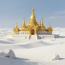 Landscape, gold temple. White stone, white desert sand dunes. Fantasy, digital painting, HD, 4k, detailed.
