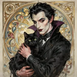 an elegant victorian vampire holding lovingly a black cat on her arms, portrait, intricate, elegant, highly detailed, digital painting, artstation, concept art, rough, sharp focus, illustration, art by artgerm and greg rutkowski and alphonse mucha
