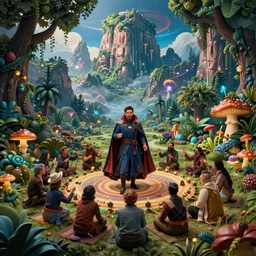 a very detailed digital matte painting from doctor strange, a ritual taking place in beautiful landscape from on an alien planet with giant mountains, and lush vegetation, dense and serene forest with glowing mushroom, by thomas kinkade and david burliuk and charles dana gibson, trending on artstation