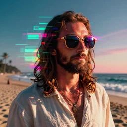 synthwave jesus at the beach in sunglasses. neon colours. vhs distortion. digital art.