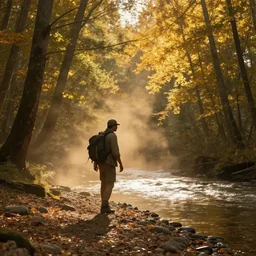 A matte painting of an adventurer walking along the river bank in a forest during the golden hour in autumn, surrounded by dust and volumetric light shining through the tree tops