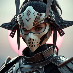 gorgeous female samurai with full warrior armor, 3 d render, futuristic biomechanical, porcelain ivory mask, hyper realistic, cinematic, octane render, 8 k, pink sun in background, vivid colors, oblivion