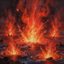 a boiling red sea with erupting geysers of superheated water, extremely detailed oil painting, unreal 5 render, rhads, Bruce Pennington, Studio Ghibli, tim hildebrandt, digital art, octane render, beautiful composition, trending on artstation, award-winning photograph, masterpiece