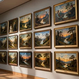 dozens of famous paintings on a wall in a museum