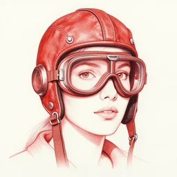 woman wearing leather aviator helmet and googles, drawn by bernie wrightson and jean giraud and moebius, red tones, detailed drawing, flat colors