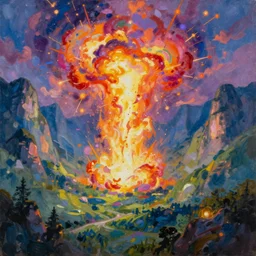 magical explosion in a valley, fantasy, oil painting, concept art, 8 k