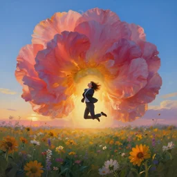 closeup, massive flower head, girl in suit jumping in field of flowers, surreal photography, sunrise, blue sky, dramatic light, impressionist painting, digital painting, artstation, simon stalenhag