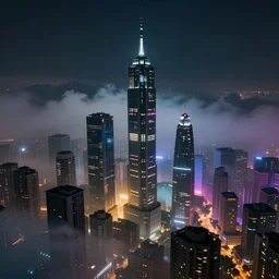 modern cityscape in the clouds at night, foggy, colorful lighting, dark atmosphere, dim volumetric lighting, 8 k octane render, hdr, postprocessing, hyperdetailed, intricate, epic composition, cinematic lighting, masterpiece, trending on artstation, by nathan walsh, by greg rutkowski