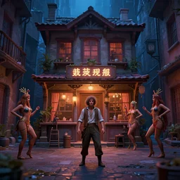 tavern bard infront of tiny, narrow dark streets with exotic dancers, exterior, two stories, vaporwave aesthetics, 8 k uhd, unreal engine, octane render in the artstyle of finnian macmanus, john park and greg rutkowski