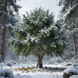 an award winning photograph of a juniper tree in the woods during a blizzard, unreal engine, octane render, lumion, architectural, concept art, hyper detailed, perfection, dramatic lighting