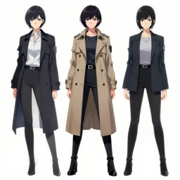 front view character concept ; a full body drawing of a female anime cyberpunk dream detective wearing a trench coat by katsuhiro otomo and masamune shirow, a character concept by makoto aida, trending on artstation, clean lines, clean edges, digital art, official art, inspired by ( ( ergo proxy ) )