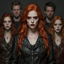 portrait painting of a pale woman with long red hair wearing a badass leather jacket, ultra realistic, concept art, intricate details, eerie, highly detailed, photorealistic, octane render, 8 k, unreal engine. art by artgerm and greg rutkowski and charlie bowater and magali villeneuve and alphonse mucha