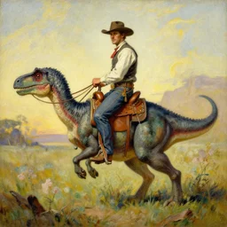 a painting of a cowboy riding a theropod in the style of n. c. wyeth and in the style of james gurney.