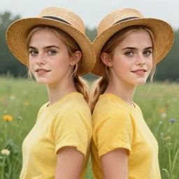 anya taylor - joy emma watson, symmetrical front view, blond ponytail, straw hat, full body shot, yellow shirt, meadow background, highly detailed, digital painting, artstation, concept art, sharp focus, illustration, art by aleksi briclot, raphael lacoste, magali villeneuve