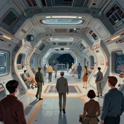 cinematic shot of the interior of a scifi space station bustling with people, matte comic illustration by philippe druillet art