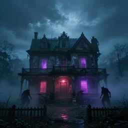 mysterious old house surrounded by fog, scared demons around it. neon