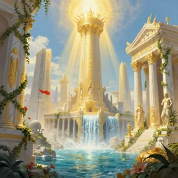 a matte painting of a water city of Atlantis grec greeble temple olymp glory in sun shaft zeus sky tower statue pantheon ivy plant grow flower in white marble gold incrusted of legends adn red flag dynasty by Frank Lloyd Wright and Zaha Hadid torch volume light stylized illustration  digital airbrush painting, 3d rim light, hyperrealistic masterpiece, artstation, cgsociety, kodakchrome, golden ratio waterfall