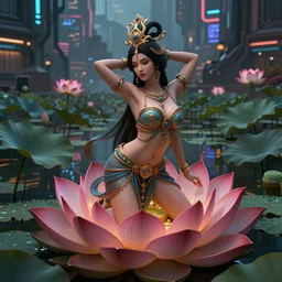 Beautiful 3d render of the flower queen goddess in a sensual pose near a pond full of lotus, atmospheric lighting, painted, intricate, volumetric lighting, beautiful, rich deep colours masterpiece, sharp focus, ultra detailed, in the style of Dan Mumford and marc simonetti, with a crowded futuristic cyberpunk city in the background, astrophotography
