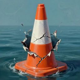 cracked orange and white striped traffic cone with shark teeth breaking through the cracks, ocean background detailed atmospheric - ron cheng & alphonse mucha, highly detailed, digital painting, ray tracing, concept art, illustration, smooth sharp focus, intricate, symmetry, artstation,