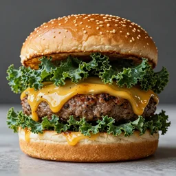 product photography of delicious stunning greasy kaleidoscopic burger