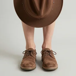 a human, very realistic, wearing shoes and a hat