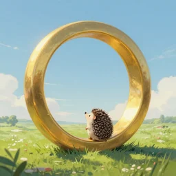 ( ( a cute a blue hedgehog looking up at a large ring made of gold in the sky. cover art. ) ), large gold ring!, beautiful green grassland, early morning hours, long shadows, extremely detailed, fantasy painting, by jean - baptiste monge!!!!