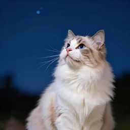 a professional photo of a very fluffy cat looking at the night sky