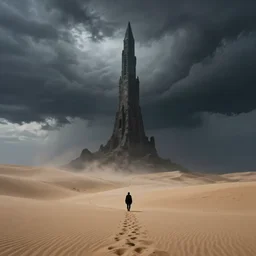 epic storm by greg rutkowski the last tower. sand. lonely hero on lonely path trail. ominous. 3 8 4 0 x 2 1 6 0