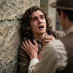 Photograph of an utterly terrified young man with long hair on the verge of panic tears cornered against a stone wall. He is wearing a 1930s attire. He looks utterly panicked and distressed and is trying to protect himself from an assailant.