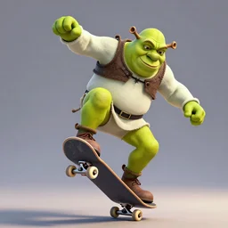 A high resolution 3D render of Shrek doing a kickflip on a skateboard, digital art