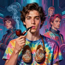 portrait of a brunette in vintage wayfarers wearing tie - dye, smoking a vintage tobacco pipe | highly detailed | very intricate | symmetrical | professional model | cinematic lighting | award - winning | painted by mandy jurgens and jesper elsing and rhads and tyler edlin | pan futurism, dystopian, bold colors, cyberpunk, anime aesthestic | featured on artstation