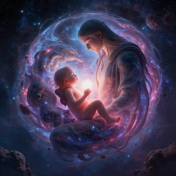 a god giving birth to a new universe and then dissolving itself into it, in the style of wlop and teamlab, illustration, epic, fantasy, hyper detailed, smooth, unreal engine, sharp focus, ray tracing