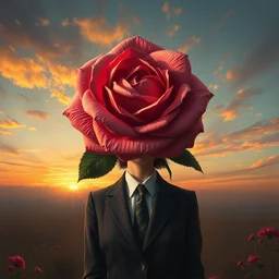 giant rose flower head, frontal, girl in a suit, surreal photography, sunrise, dramatic light, impressionist painting, digital painting, artstation, simon stalenhag