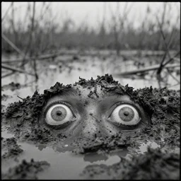 movie still by tarkovsky of eyeballs in mud, swamp backround, cinestill 8 0 0 t 3 5 mm b & w, heavy grain, high quality, noir, natural textures, photorealistic, ambient occlusion, hd, ultra wide lens, anamorphic