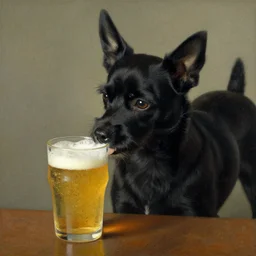 a small black dog with big ears drinking beer by charles e. burchfield