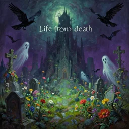 'Life from death' An aesthetic horror dark cyberpunk landscape painting depicting 'A graveyard with plants and flowers growing, ghosts + bats and crows  flying around' by Wayne Barlowe, Trending on cgsociety artstation, 8k, masterpiece, cinematic lighting, highly detailed, vibrant colors.