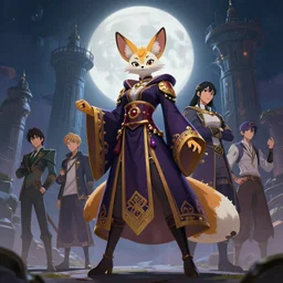 wide angle beautiful full body portrait of a strong female anthropomorphic anthro fennec fursona wearing ornate sorcerer robes in a moon tower. character design by disney, anime, manga, charlie bowater, ross tran, artgerm, and makoto shinkai, detailed, soft lighting, rendered in octane