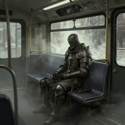 dark souls sitting in the bus concept art artwork by masanori warugai, glitch art, medieval, magic, intricate detailed 4 k, soft light, volumetric fog, soft glow, eerie, dark, metro, bus, urban fantasy